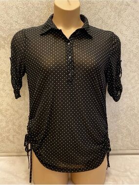 Polka Dot Short-Sleeve Blouse with Side Ties - Black/White